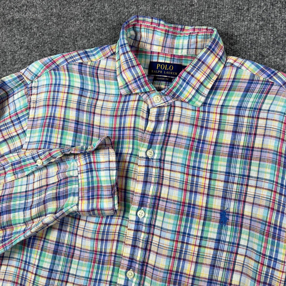 Polo Ralph Lauren Shirt Mens L Indian Madras 100% Linen Long Sleeve Button Up